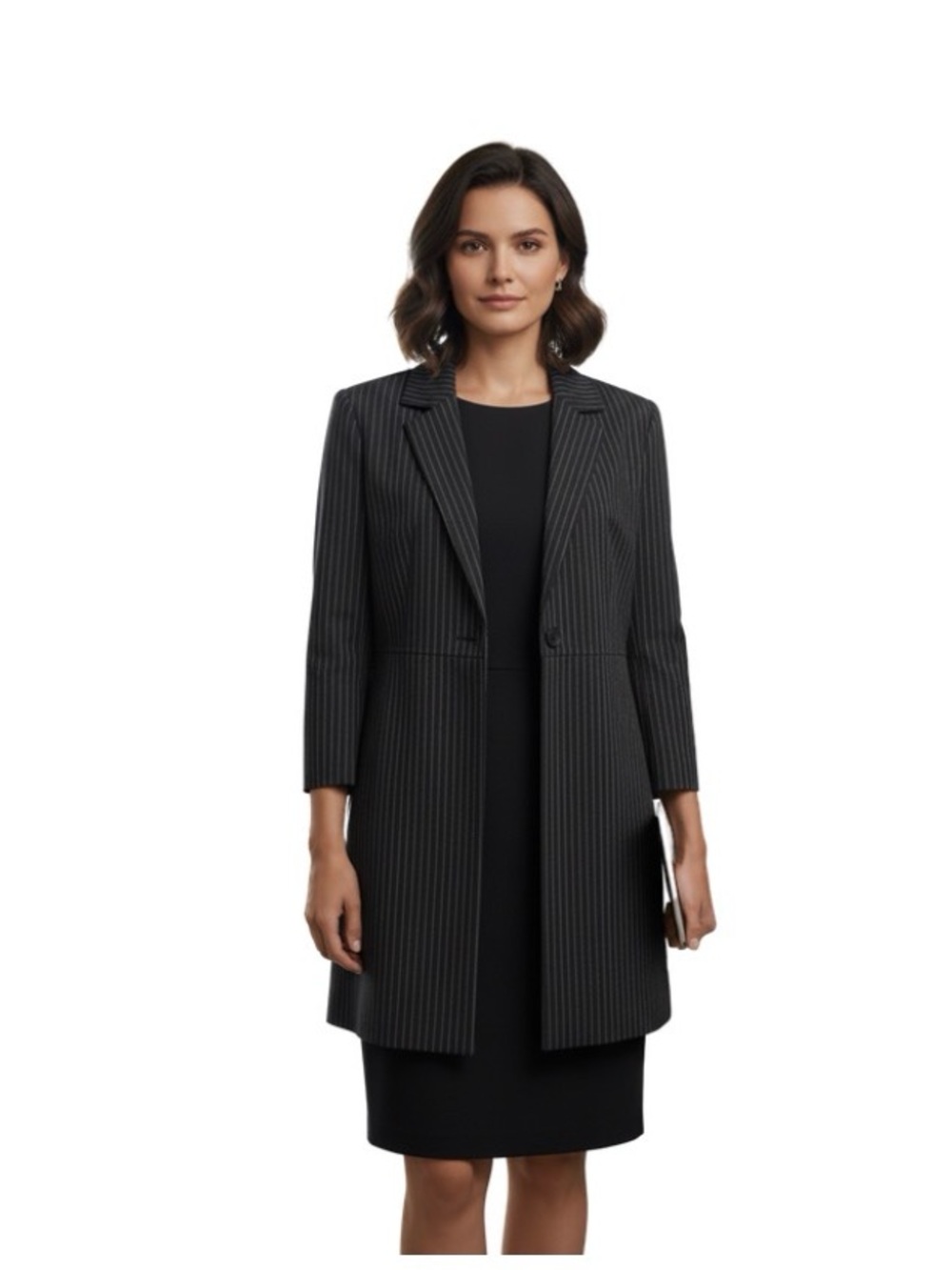 Women’s Black Pinstripe Long Blazer Coat and Dress